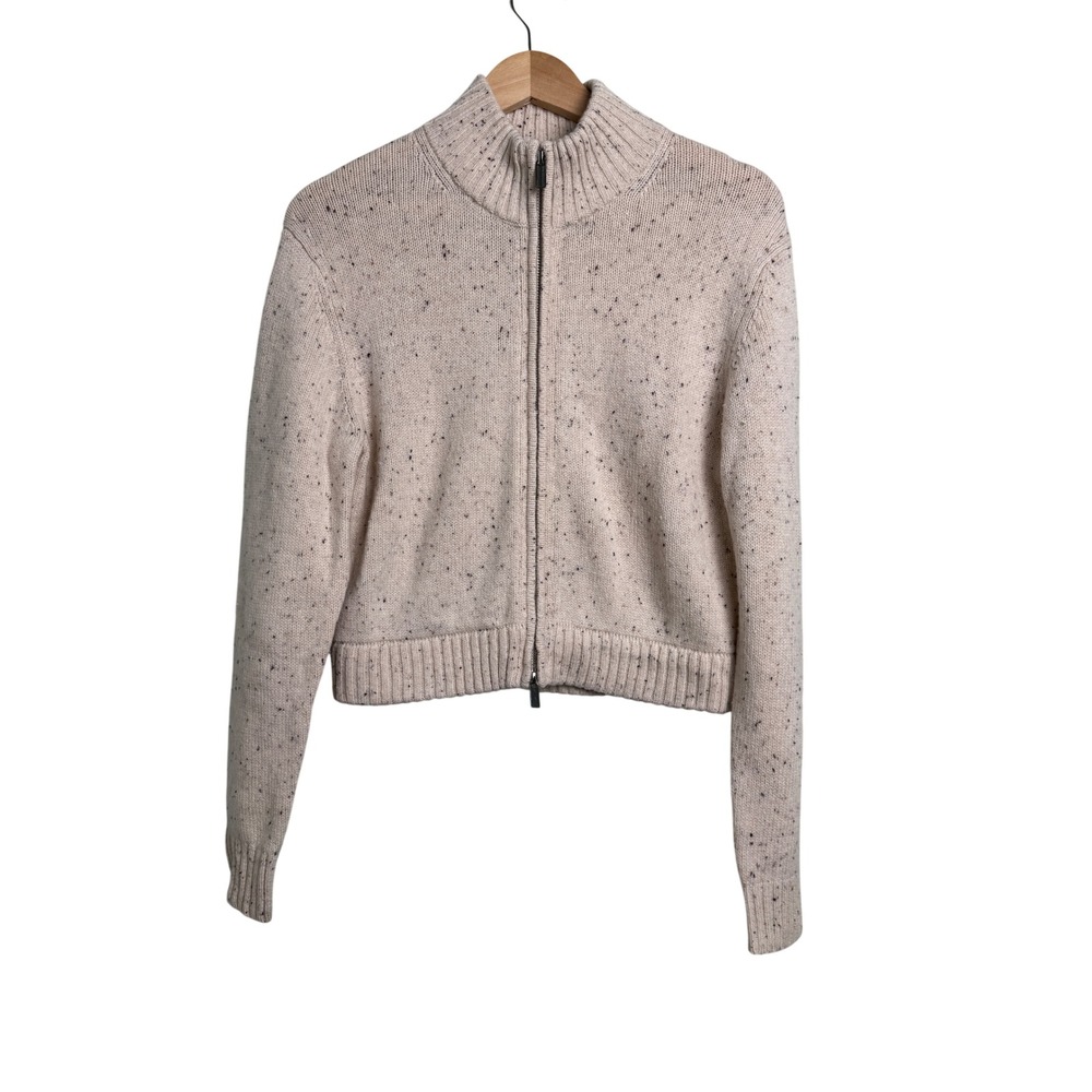 Theory Mock Neck Zip-Up Cardigan Donegal Wool Cashmere Speckled Cream Small